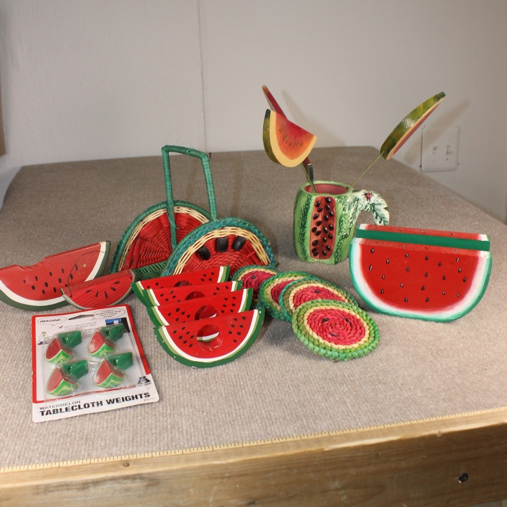 Vintage Watermelon Kitchen Decor Mug Napkin Rings Coasters Tablecloth Weight Lot